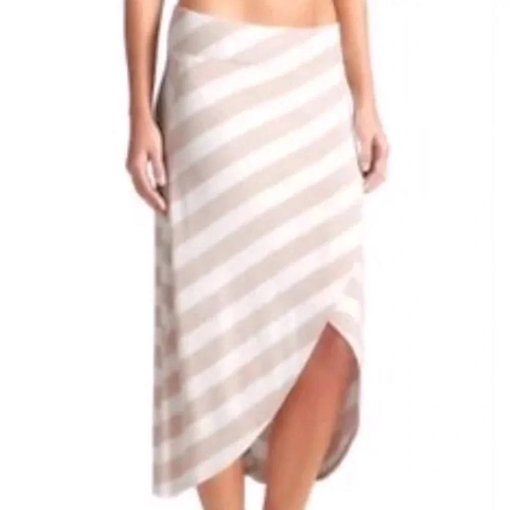 NWOT Athleta Ribbon Striped Midi Skirt Tulip Hem Faux Wrap Tan White Slip On XS